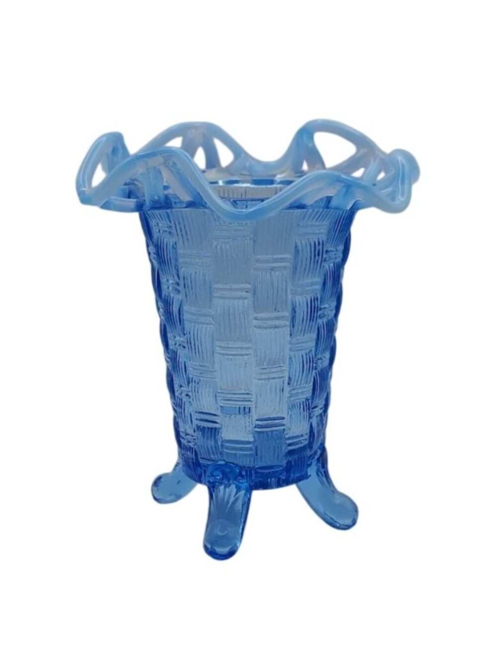 Fenton Glass Blue Bud Vase Opalescent Basket Weave 4 Toed Lace Ruffle Vintage